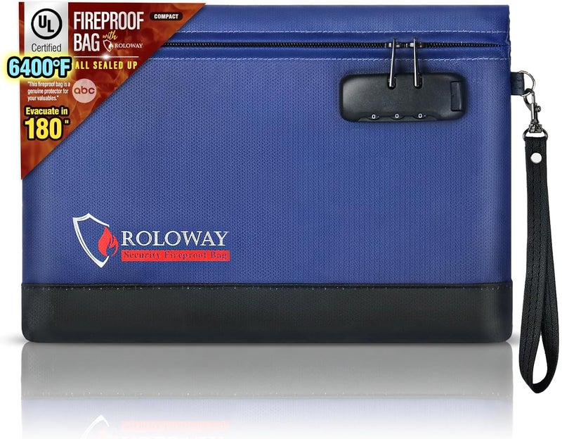 ROLOWAY Fireproof Money Bag with Lock for Cash, 6400°F Fire Proof Document Bag (12.2 x 8.5 x 1.6 inches), Money Pouch with Zipper (Blue) - Image 1